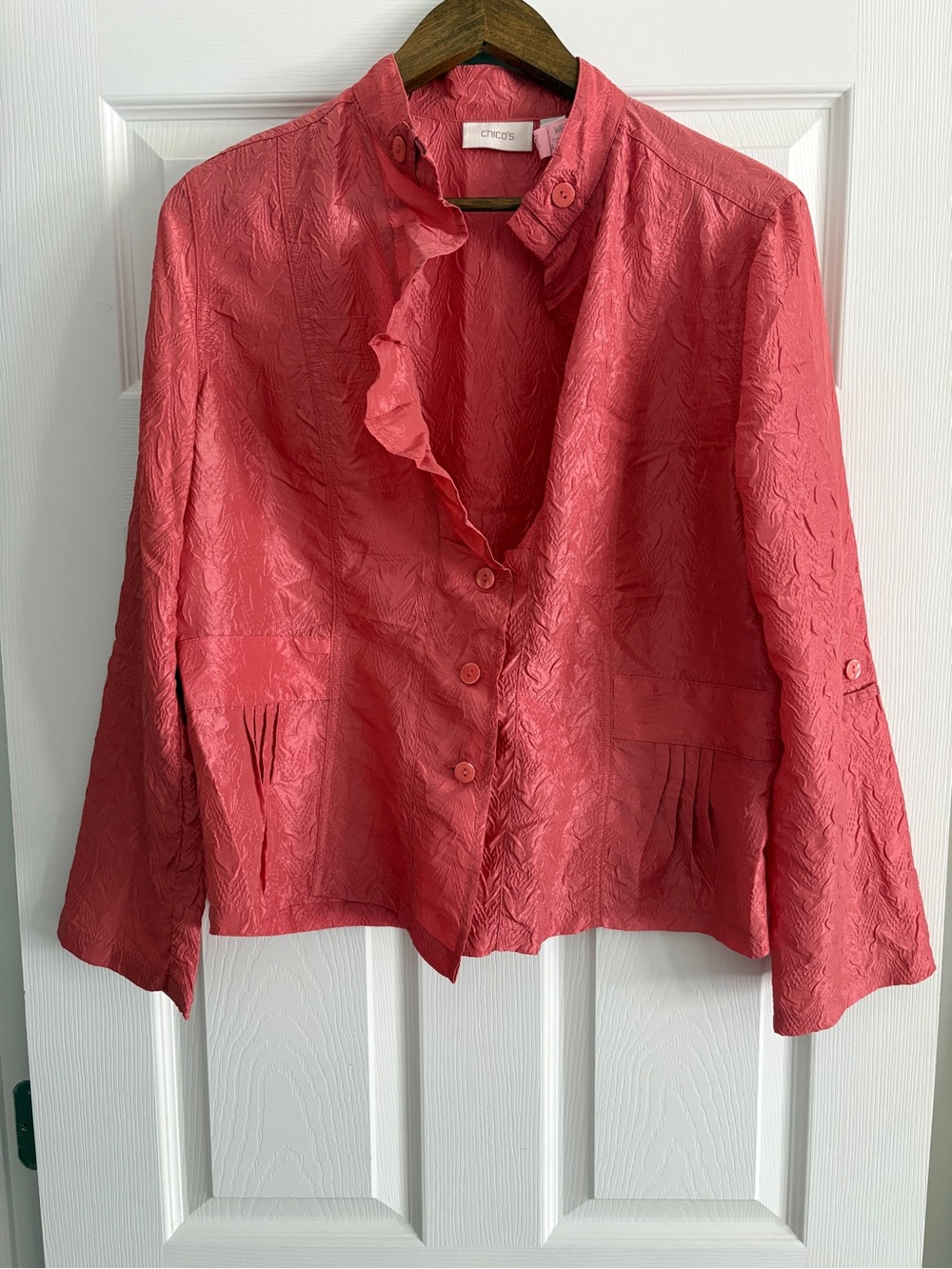 Chico's Coral Ruffle-Trim Button Jacket